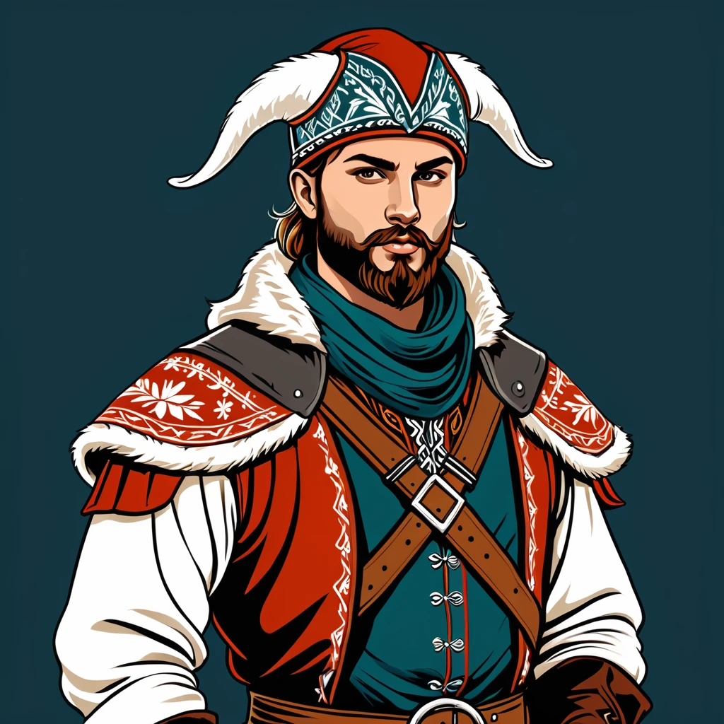 hungarian rogue in nordic folk outfit, vector graphics, strong contours
