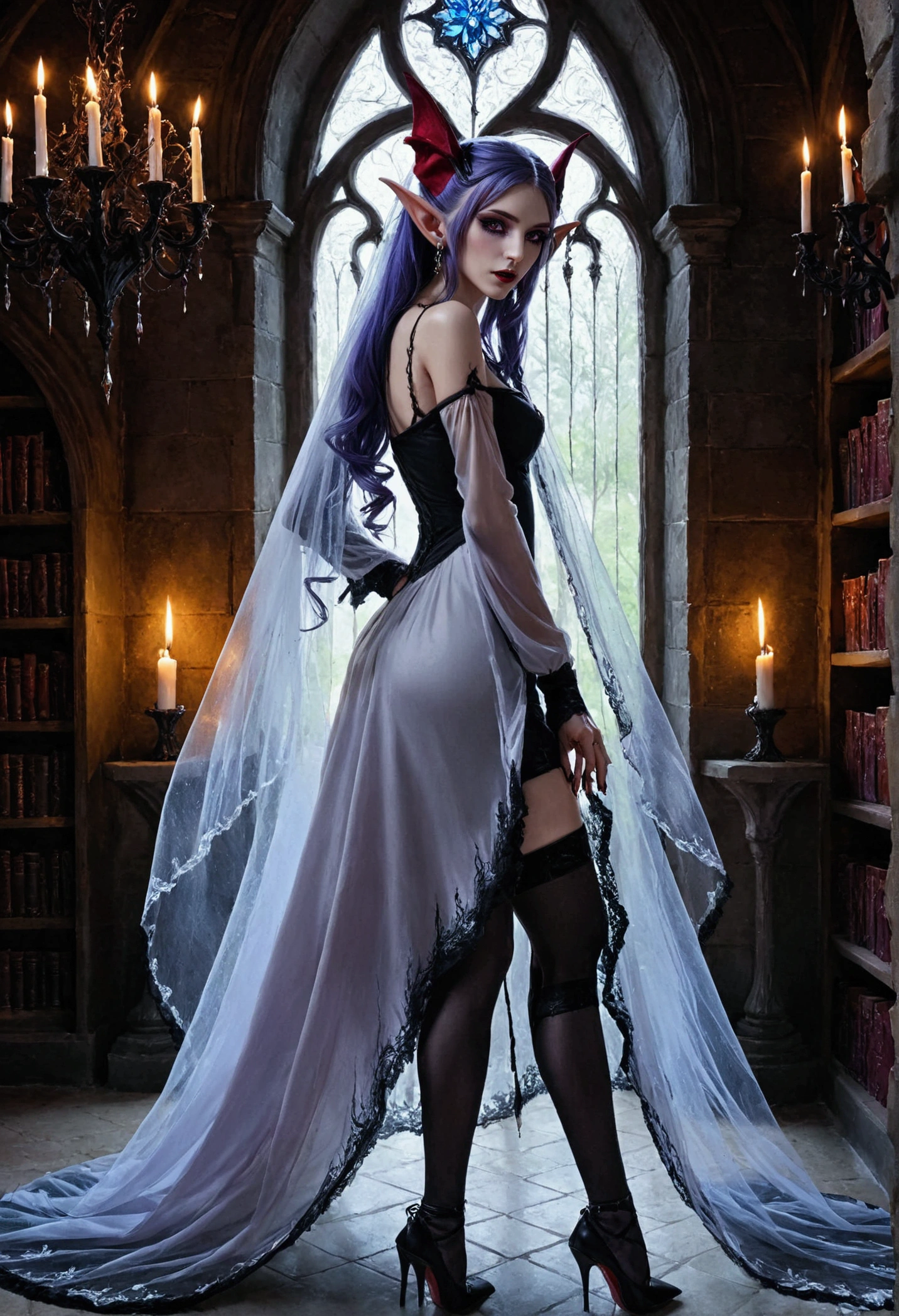 arafed a picture of elf vampire in her castle. an exquisite beautiful female elf vampire (ultra details, Masterpiece, best quality), full body, bloody mouth, purple hair, pale skin, hair in a ponytail, long hair, blue eyes, (small pointed ears: 1.2), cold eyes, smirking, wearing white dress (ultra details, Masterpiece, best quality), red cloak, wearing high heels, in dark fantasy library, book shelves, arafed high details, best quality, 16k, [ultra detailed], masterpiece, best quality, (ultra detailed), full body, ultra wide shot, photorealism, RAW, dark fantasy art, gothic art, wearing Haute_Couture designer dress, Dark Novel, Dark Art Painting Style, dripping blood, hud_s1n, short black dress, long sleeves, veil, thighhighs, digital painting