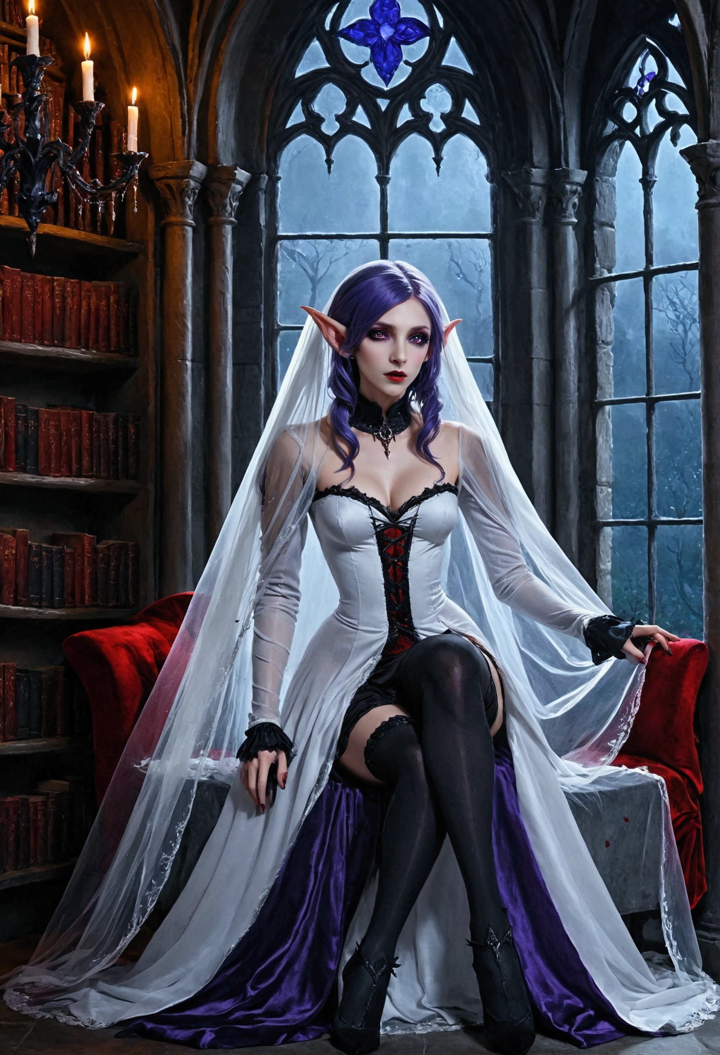 arafed a picture of elf vampire in her castle. an exquisite beautiful female elf vampire (ultra details, Masterpiece, best quality), full body, bloody mouth, purple hair, pale skin, hair in a ponytail, long hair, blue eyes, (small pointed ears: 1.2), cold eyes, smirking, wearing white dress (ultra details, Masterpiece, best quality), red cloak, wearing high heels, in dark fantasy library, book shelves, arafed high details, best quality, 16k, [ultra detailed], masterpiece, best quality, (ultra detailed), full body, ultra wide shot, photorealism, RAW, dark fantasy art, gothic art, wearing Haute_Couture designer dress, Dark Novel, Dark Art Painting Style, dripping blood, hud_s1n, short black dress, long sleeves, veil, thighhighs, digital painting