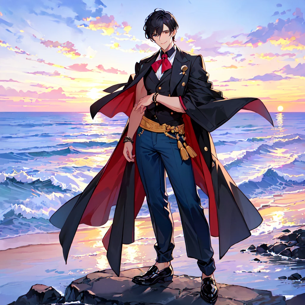 masterpiece,best quality,high quality,(1 male austere handsome solo adult age 30 years old:1.5), purple eyes, cool with suspended eyes, V-shaped eyebrows, body strong and fearless 8.5 head tall, height 185cm, (well-groomed black short hair down to neck:1.4), (bangs 7 thirds parted: 1.4), slender nose, facial muscles, throat, (pants in Arabic summer fashion: 1.3), (stylish pose), (cool smile: 1.3), (background sea: 1.3), (sunset: 1.3)