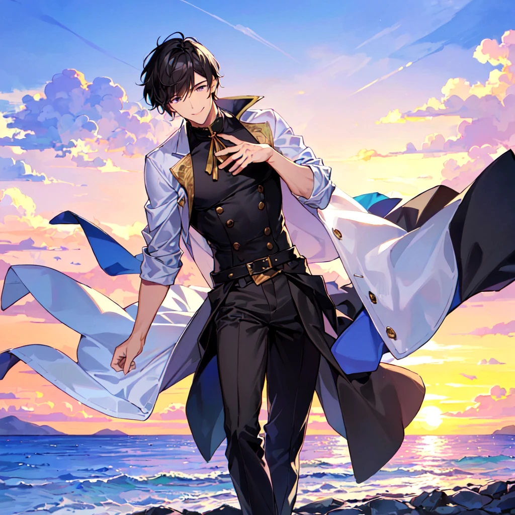 masterpiece,best quality,high quality,(1 male austere handsome solo adult age 30 years old:1.5), purple eyes, cool with suspended eyes, V-shaped eyebrows, body strong and fearless 8.5 head tall, height 185cm, (well-groomed black short hair down to neck:1.4), (bangs 7 thirds parted: 1.4), slender nose, facial muscles, throat, (pants in Arabic summer fashion: 1.3), (stylish pose), (cool smile: 1.3), (background sea: 1.3), (sunset: 1.3)