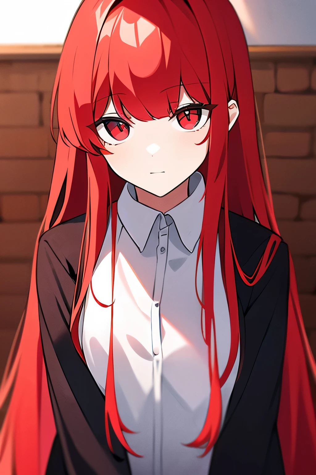 (Redhead 1.4),(Long hair 1.3),Red pupil,White clothes