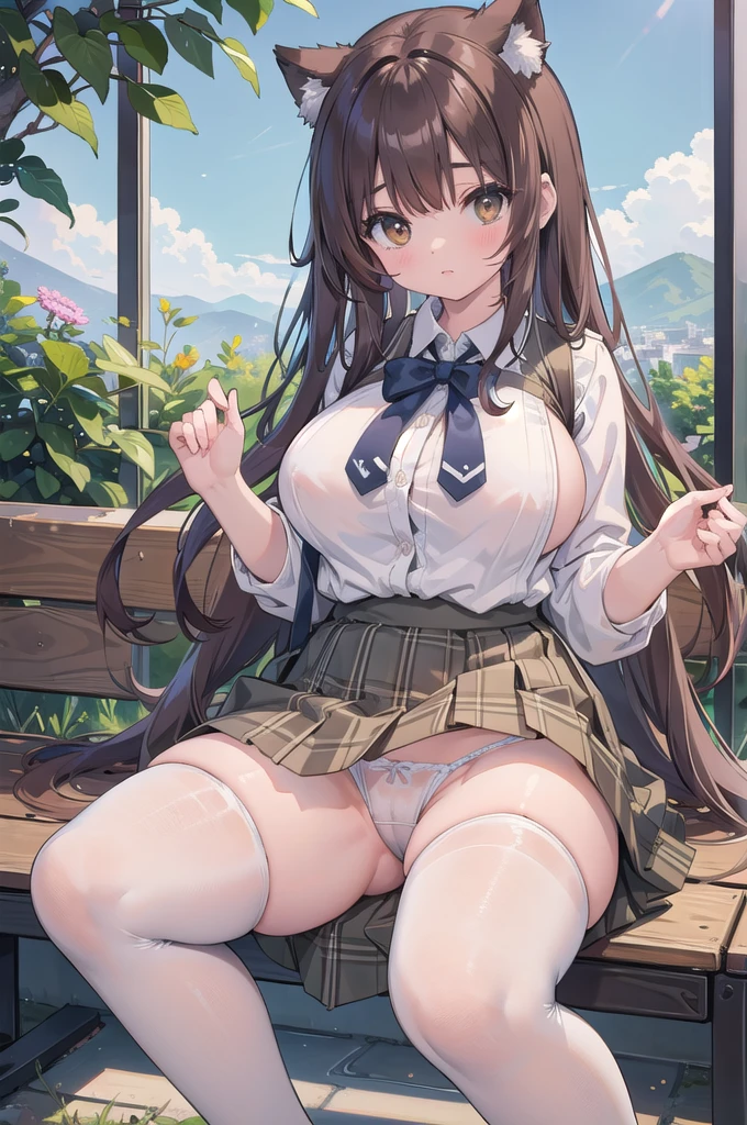 nsfw、(((solo)))、(((Big Breasts)))、squat、Legs wide open、Crotch wide open、White mesh panties exposed、Cameltoe、Picking up her skirt to expose her crotch、Brown eyes、Brown Hair、hair ornaments、Long Hair、Green plaid skirt、White shirt、Yellow sweater vest、Masterpiece highest quality high resolution、Anna Tanaka、Long Hair、Sit with your knees bent、8 heads、Beautiful feet、at school、As if looking up from below、Embarrassing、nsfw、White panties、Cameltoe