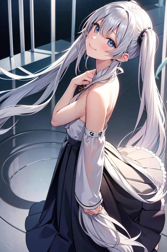 score_9,from above,silver hair, twintails, very long hair, アニメ, best quality, masterpiece、Plaid pleated long skirt、Looking back、look up、{{smile}}、Subjective、Kiss me
