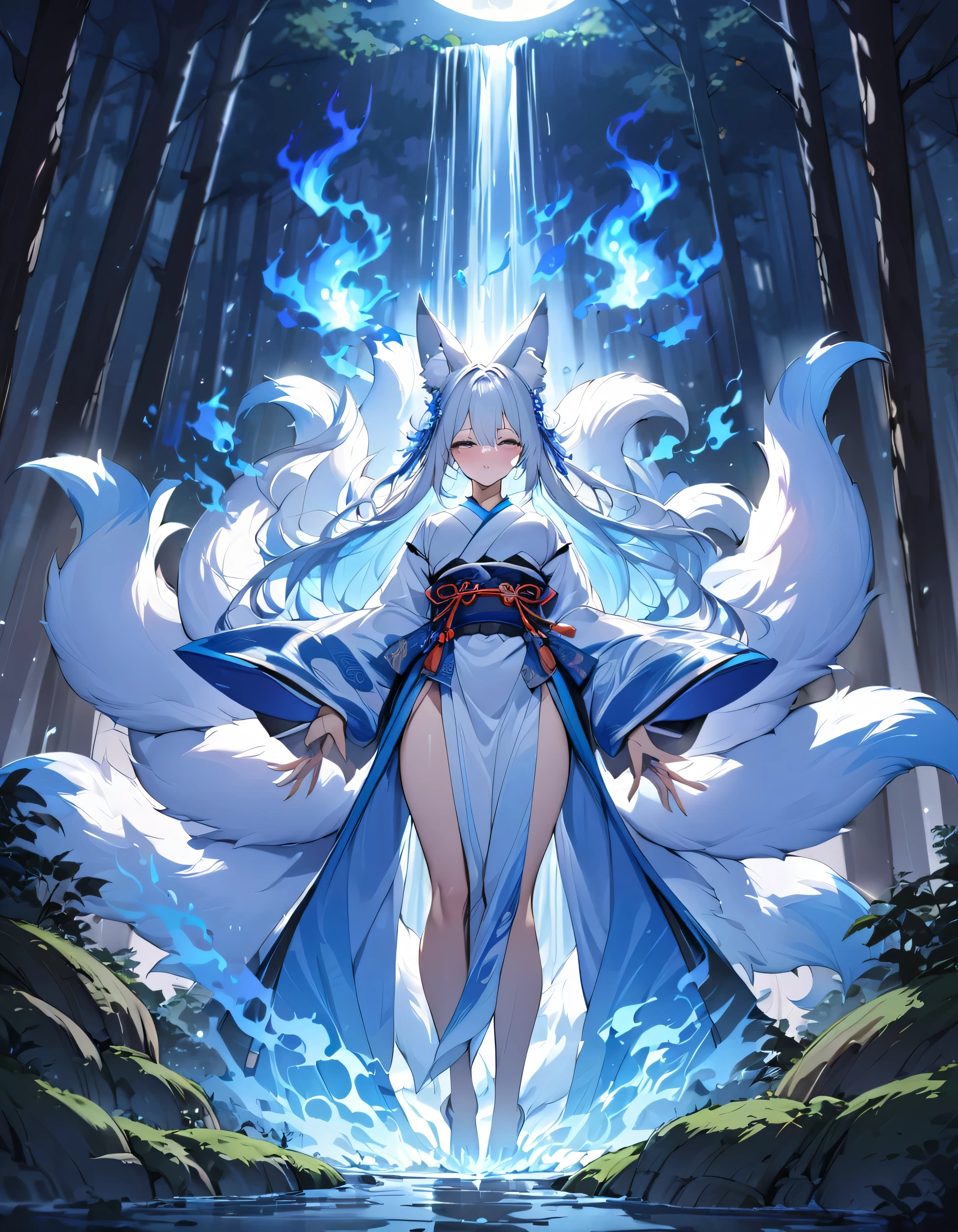 Masterpiece, Extremely detailed, (A beautiful kitsune woman facing a waterfall surrounded by an aura of blue fire), dynamic pose , fox ears, nine fox tails, tails spread out behind her, forest clearing, full moon, moonlight, traditional Japanese clothing.