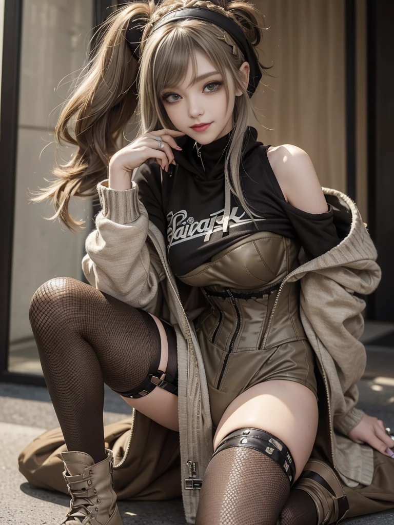 (Smiling with teeth showing:1.3),(Shibuya Gal:1.5)、(Beautiful:1.5)、(Neo-goth fashion:1.5)、(Punk RockVisual Kei:1.5)、(An off-the-shoulder hoodie in khaki and brown with delicate silver accessories.:1.5)、(A corset with a delicate beige and brown design:1.4)、(Dark grey, khaki and brown snakeskin bodysuit:1.5)、(Snake print headband:1.3)、(Beige and charcoal knee socks:1.4)、Embellished collar and long boots、(I'm selling snake print underwear.:1.4)、(Long eyelashes:1.3)、(20-year-old)、((Highest quality、8k、masterpiece:1.3))、1 Female、Slim and beautiful abs:1.3、(hairstyle casual、Beautiful boobs:1.1)、(Doing an aerobics pose:1.3)、dress:1.1、Super small face、Narrow eyes、double eyelid、A sloppy smile、Esbian all over body、Dynamic Angle、Close-up、CPL Filter、Blurred Background、Bokeh、Blue Hour、Detailed face and skin texture、Detailed eyes、,(Twin tails:1.3)、(Black brown hair:1.3)、Gravure idol、(The background is a glamorous dance hall:1.3)、(Make your legs thinner:1.4)、(Slim Body:1.3)、(clavicle:1.1)