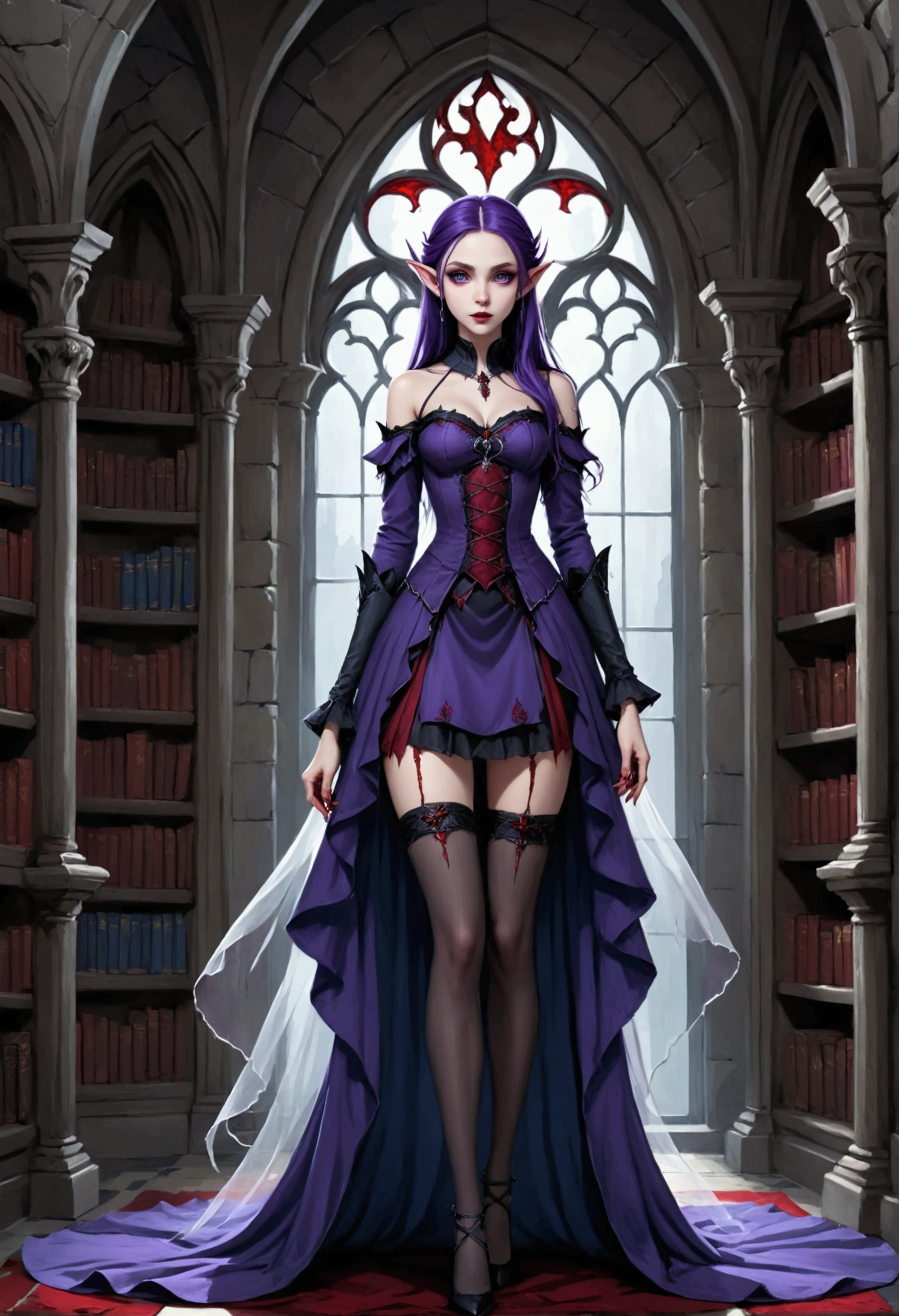 arafed a picture of elf vampire in her castle. an exquisite beautiful female elf vampire (ultra details, Masterpiece, best quality), full body, bloody mouth, purple hair, pale skin, hair in a ponytail, long hair, blue eyes, (small pointed ears: 1.2), cold eyes, smirking, wearing white dress (ultra details, Masterpiece, best quality), red cloak, wearing high heels, in dark fantasy library, book shelves, arafed high details, best quality, 16k, [ultra detailed], masterpiece, best quality, (ultra detailed), full body, ultra wide shot, photorealism, RAW, dark fantasy art, gothic art, wearing Haute_Couture designer dress, Dark Novel, Dark Art Painting Style, dripping blood, hud_s1n, short black dress, long sleeves, veil, thighhighs, digital painting