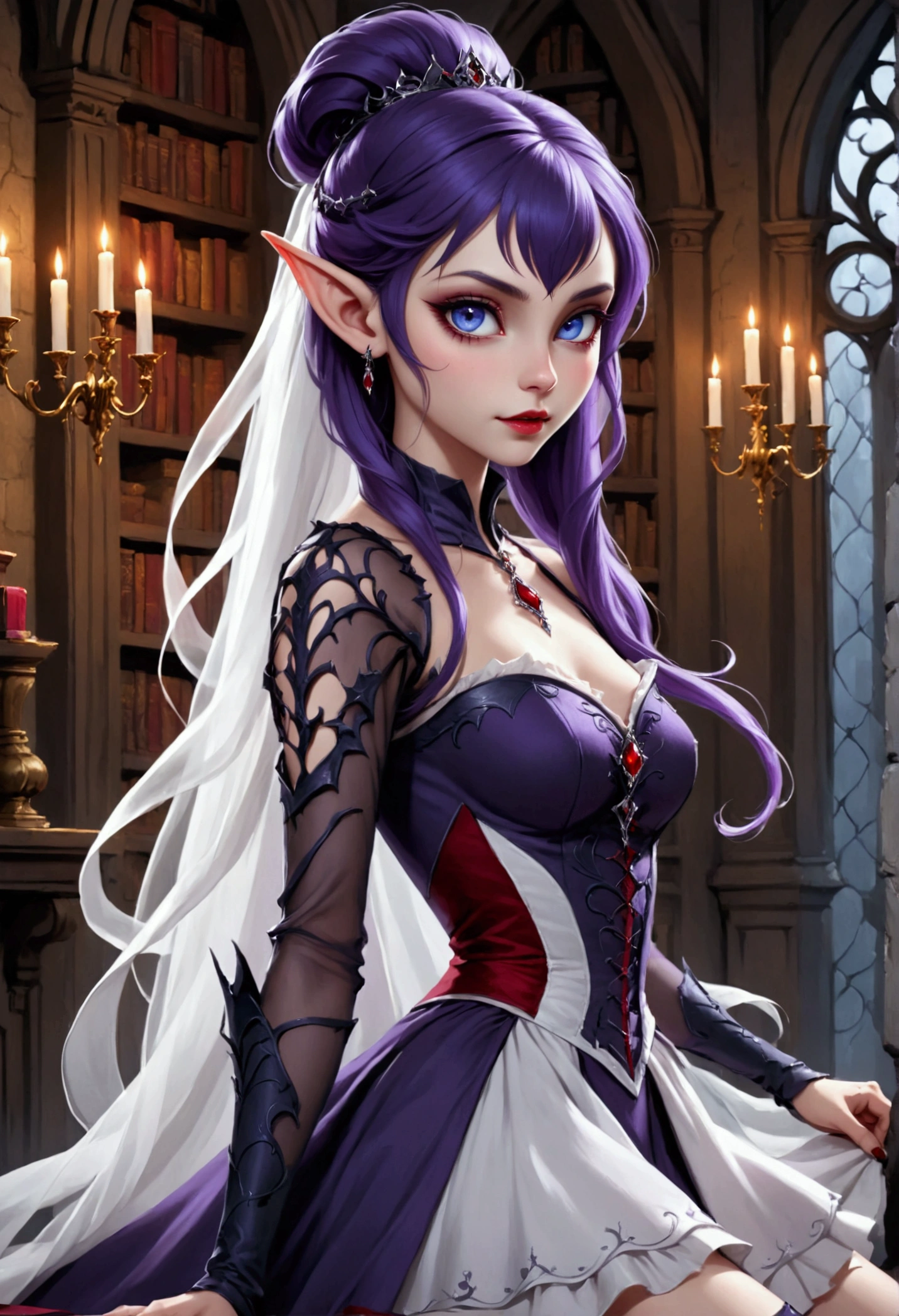 arafed a picture of elf vampire in her castle. an exquisite beautiful female elf vampire (ultra details, Masterpiece, best quality), full body, bloody mouth, purple hair, pale skin, hair in a ponytail, long hair, blue eyes, (small pointed ears: 1.2), cold eyes, smirking, wearing white dress (ultra details, Masterpiece, best quality), red cloak, wearing high heels, in dark fantasy library, book shelves, arafed high details, best quality, 16k, [ultra detailed], masterpiece, best quality, (ultra detailed), full body, ultra wide shot, photorealism, RAW, dark fantasy art, gothic art, wearing Haute_Couture designer dress, Dark Novel, Dark Art Painting Style, dripping blood, hud_s1n, short black dress, long sleeves, veil, thighhighs, digital painting