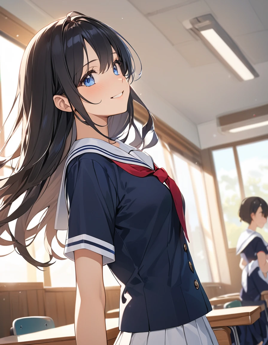 (Highest qualityのイラスト:1.2),  (1 girl、18-year-old), (Kind eyes、blue eyes:1.2)、Black Hair、Semi-long hair、bangs、(Highest quality、Very detailed、cute、Ultra-high resolution) 、High School Uniform｛White Sailor Suit、Black collar、Red neckerchief、Short sleeve、Cleavage)、School classroom、Slightly larger breasts、smile, From the side