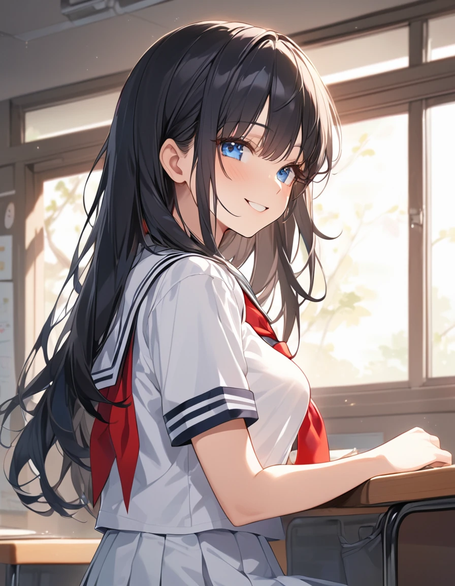 (Highest qualityのイラスト:1.2),  (1 girl、18-year-old), (Kind eyes、blue eyes:1.2)、Black Hair、Semi-long hair、bangs、(Highest quality、Very detailed、cute、Ultra-high resolution) 、High School Uniform｛White Sailor Suit、Black collar、Red neckerchief、Short sleeve、Cleavage)、School classroom、Slightly larger breasts、smile, From the side