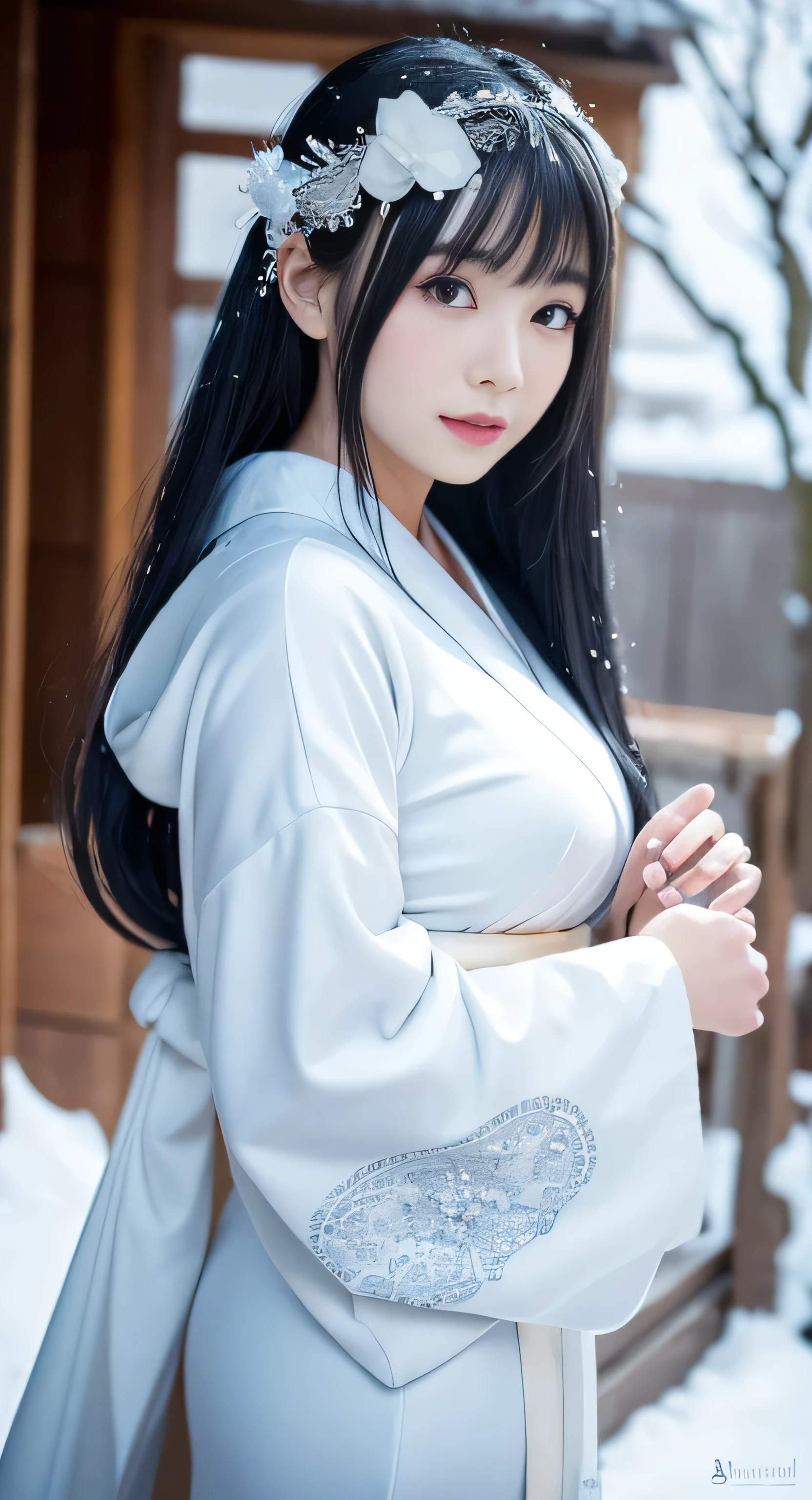 Create an ultra-realistic and captivating image of Kotone, a 21-year-old Japanese woman, dressed in a Yuki-onna (snow woman) cosplay. Kotone has extremely long, perfectly straight black hair that flows down to her waist, with blunt bangs that cover her forehead. Her eyes are large and enchanting, with double eyelids that give them a captivating and youthful appearance. Her face is delicate and innocent, with very thin eyebrows that frame her large, childlike eyes. Her skin is smooth and flawless, resembling snow in its pure white color. Kotone has a slender and well-proportioned body with a bust size of 95 cm, a cinched waist, slim thighs, and firm buttocks. Her complexion is flawless, without any wrinkles, and her natural makeup enhances her features subtly, maintaining a fresh and youthful look.
Yuki-onna Cosplay Details:
Kimono:
Kotone is wearing a beautifully adorned, fluffy white kimono that fits her slender frame perfectly. The kimono has an intricate snowflake pattern and a long, flowing hem that drapes elegantly.
The kimono's fabric has a slight shimmer, reminiscent of freshly fallen snow.
Obi:
She is wearing an elegant obi with an ice crystal design, slightly glowing with a magical blue light. The obi adds to her ethereal and mystical appearance.
Hair and Accessories:
Her long, black hair is styled to enhance the Yuki-onna look, with the ends shimmering like snowflakes. She might have delicate hairpins with snowflake designs to accentuate the theme.
A few strands of her hair are adorned with tiny, sparkling ice crystals, adding a touch of magic.
Makeup:
Kotone’s makeup is done to highlight her icy appearance, with a touch of shimmering blue eyeshadow and a light blush. Her lips are painted a soft pink, adding warmth to her cold, ethereal look.
Hands and Nails:
Her nails are slightly frosted, reflecting a soft light that adds to the Yuki-onna theme. Her hands are graceful, with delicate fingers that enhance her elegant appearance.
Feet and Footprints:
