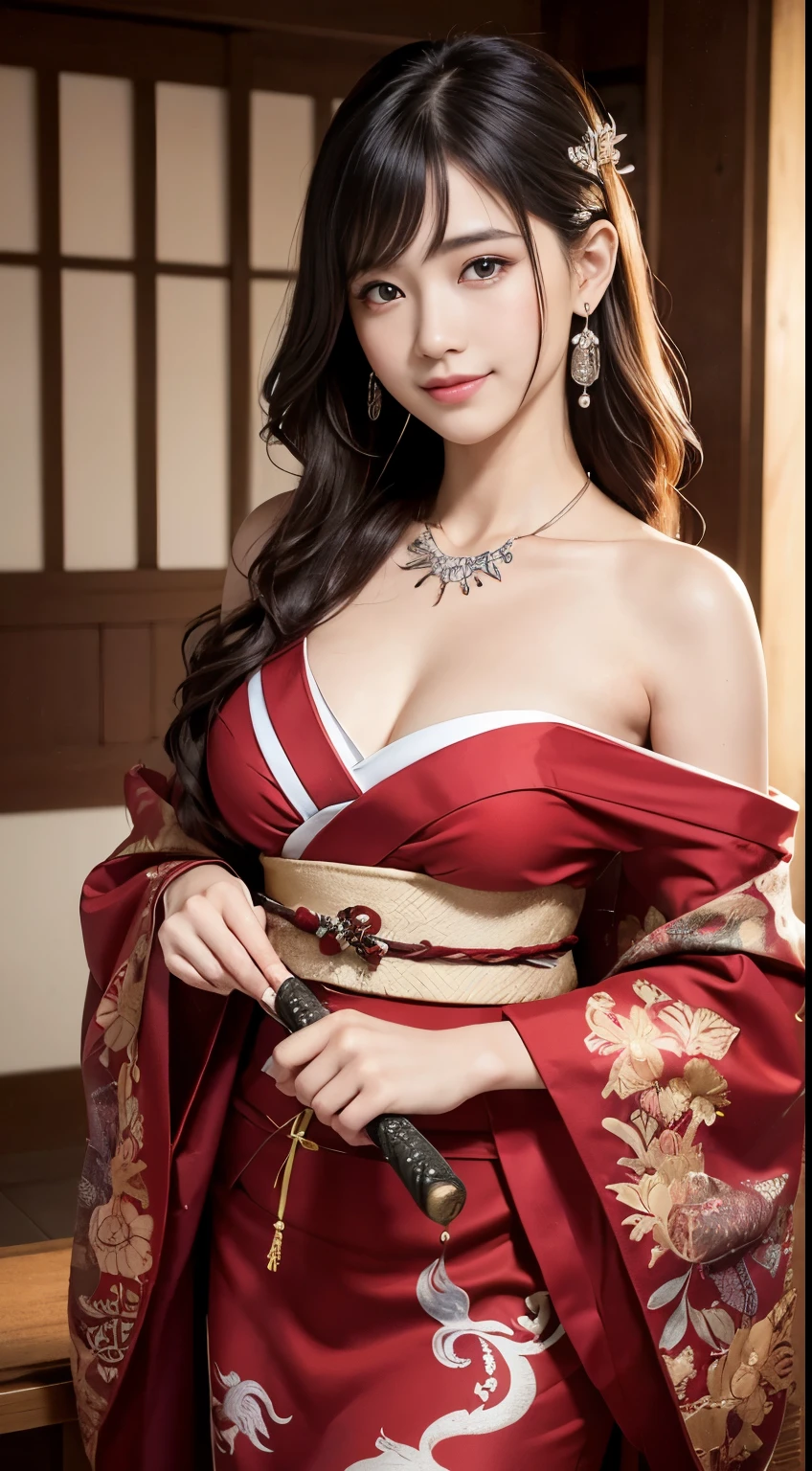 8K Ultra HD, Digital SLR,Film Grain, Fujifilm XT3,(Highest quality:1.3), (masterpiece:1.1), High resolution, Cinematic Light, Intricate details,長いHolding a Japanese sword with a white handle, (Realistic) (Night view) Realistic backlight、ドラマチックなredトーンの光、Beautiful Japanese Geisha full body photo, ((Facial texture Pore details)), Grin、悪魔のようなsmile, Simple messy hairstyle, 伝統的な龍のモチーフが描かれたサテンの黒いkimonoを着て, Shoulders open, Colorful dragon tattoos all over the body, Has a long blade, Inside a traditional villa,Holding a Japanese sword with a white handle,, 8k, Front blur,Ultra HD, Digital SLR,Film Grain, Fujifilm(8k, Highest quality, masterpiece:1,2), (Realistic, Realistic:1.37), Very detailed, One Girl,), (Very detailed), (Detailed and beautiful eyes), (Highest qualityの), (Very detailed ), (masterpiece), (Detailed face),woman((19 years old)), hair((red, Wavy, length)), eye ((red eye, big eye)), Clothes((kimono,big slit, redい花柄)), accessories ((Earrings, necklace)), Huge breasts, big , smile, background,長いhair,Red Clothes,Cowboy Shot