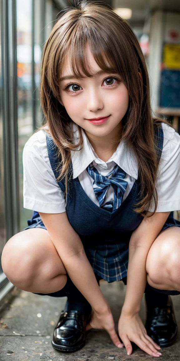 (Browsing Caution:1.3), ((masterpiece)), ((Highest quality)), (Very detailed), ((cute)), cute, (Multi-point), ((sexy)), (device), ((Very detailed)), 4K, (8k), Highest quality, (beautiful), hyper cute face, shape, Anime Style,hyper Genuineistic, Genuine, Dynamic Angle, ((whole body)), close, Thick outline, Clear contours, at school, (1 girl, cute girl:1.5), (Schoolgirl uniform :1.5), beautiful light brown hair, beautiful brown eyes, ((beautiful eyes)), (Squat, look forward to, short hair, Big Breasts, shoes, smile