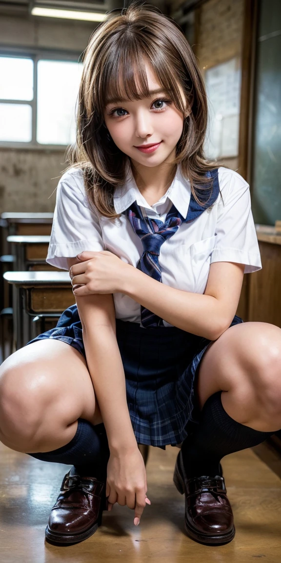 (Browsing Caution:1.3), ((masterpiece)), ((Highest quality)), (Very detailed), ((cute)), cute, (Multi-point), ((sexy)), (device), ((Very detailed)), 4K, (8k), Highest quality, (beautiful), hyper cute face, shape, Anime Style,hyper Genuineistic, Genuine, Dynamic Angle, ((whole body)), close, Thick outline, Clear contours, at school, (1 girl, cute girl:1.5), (Schoolgirl uniform :1.5), beautiful light brown hair, beautiful brown eyes, ((beautiful eyes)), (Squat, look forward to, short hair, Big Breasts, shoes, smile