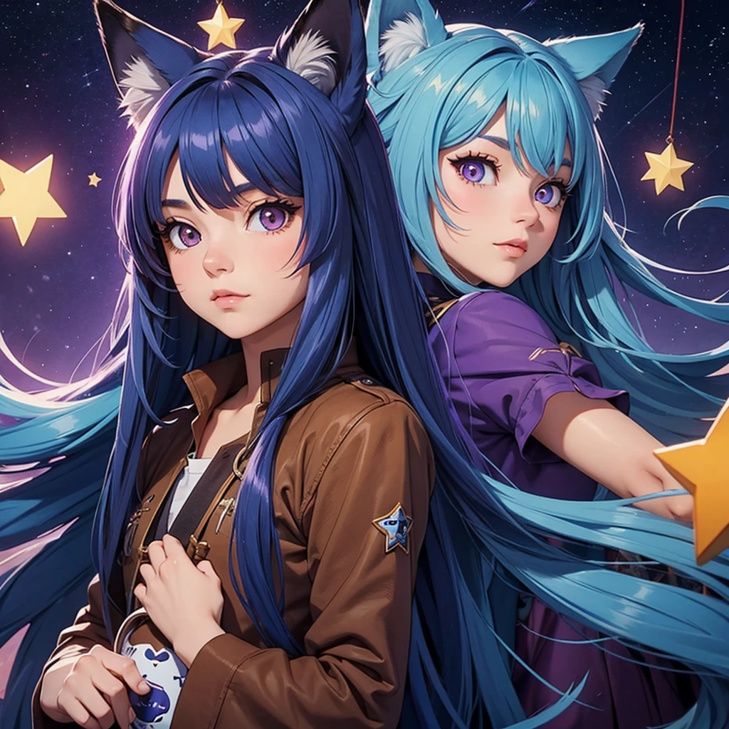 A girl with long blue hair and brown eyes with a star as a pupil, with a purple pet fox 