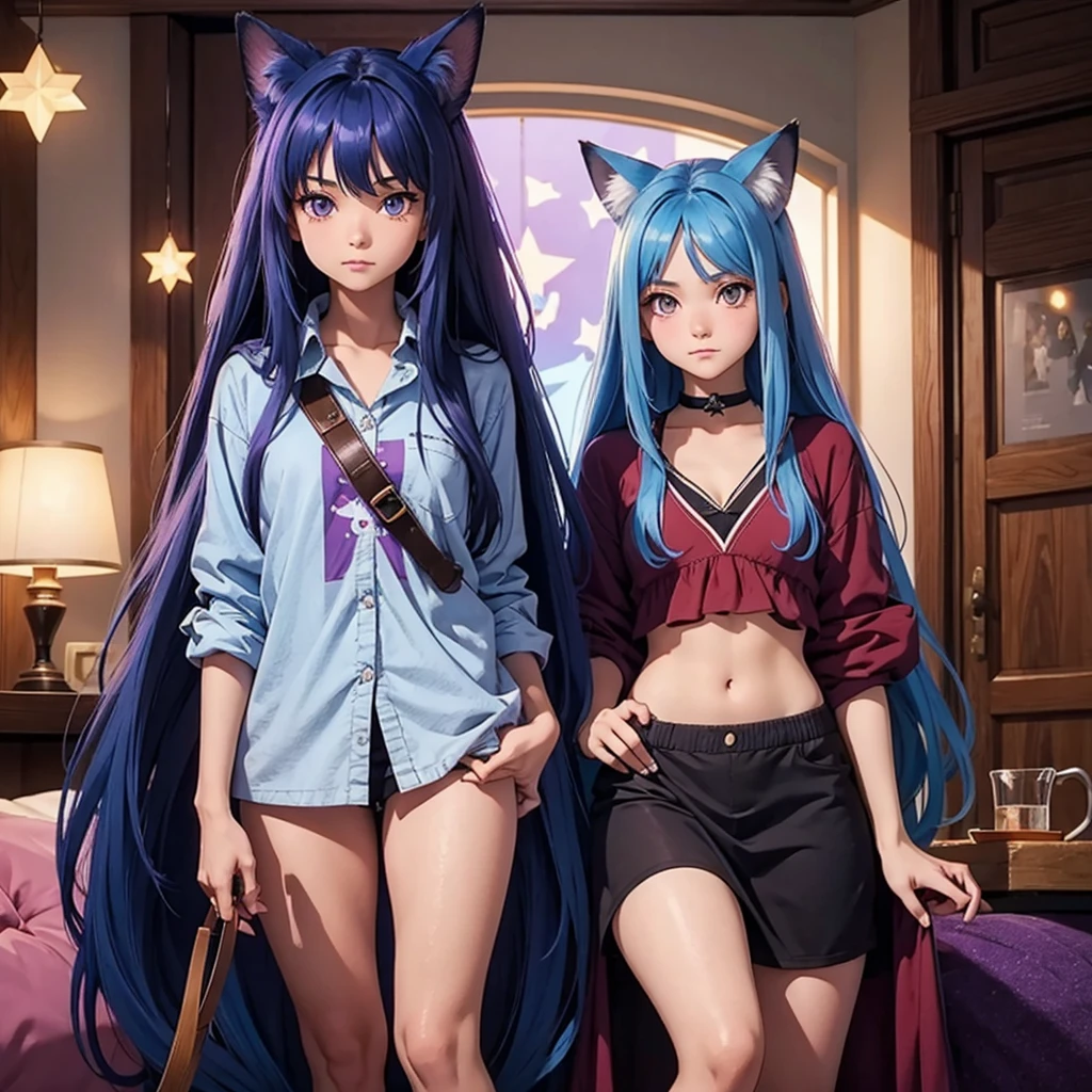 Create a girl with cat ears, dark green hair, blue eyes, light skin, 28 years old, and next to it a 30-year-old man with wolf ears, dark night blue hair, with heterochromia, one gray eye and one red eye, naked