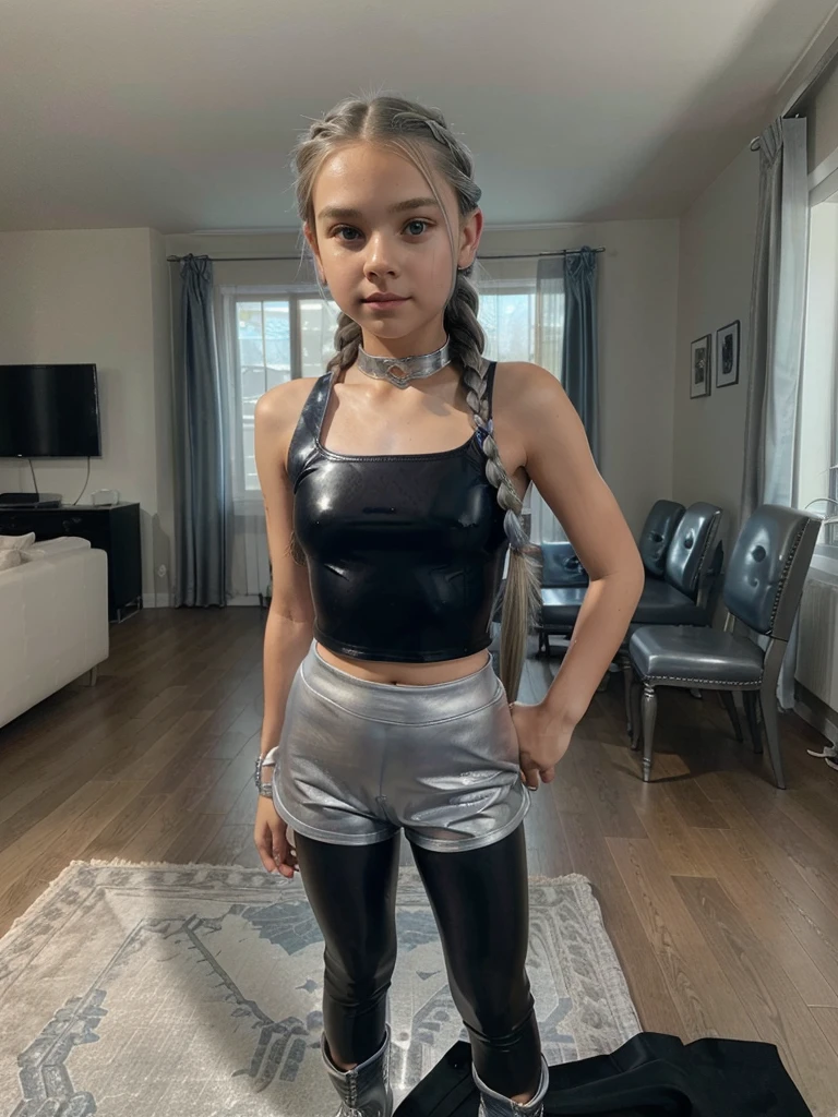 ((-yeld tw girlwearing a blue halter latex top and black leggings, ankle boots heels, standing in a living room, ((long French braid hair)) ((silver hair))