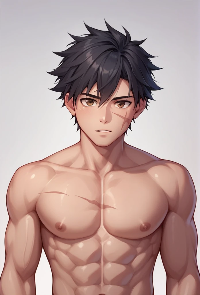 Male, black hair, hair parted in the middle, a scar on the right cheek, brown eyes, no shirt, muscular, large chest. 