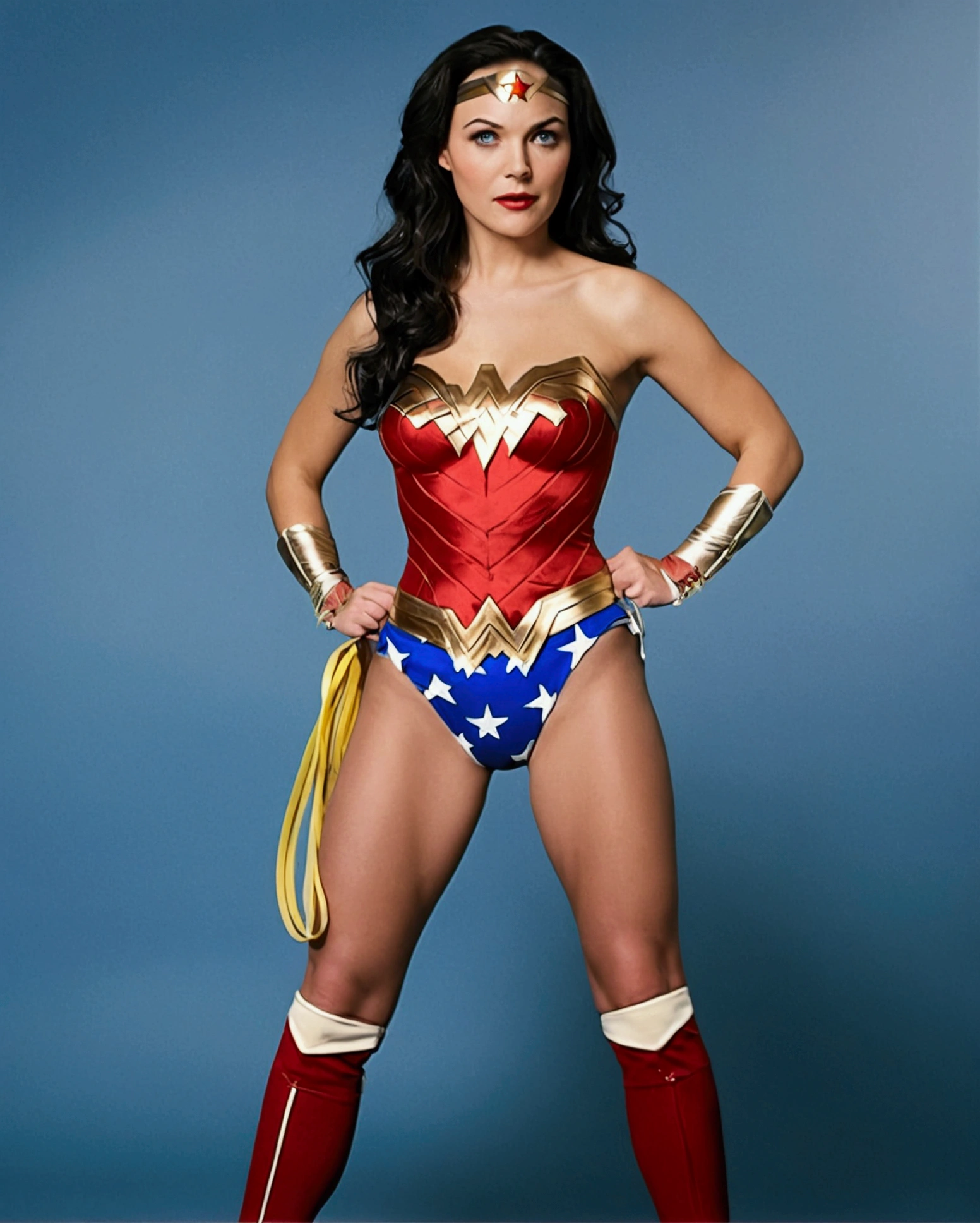 Wonder woman. LINGERIE. with thong and erotic lingerie. sexy. nude. lingerie. pose sexy. full body closeup, full length cinematic shot. sensual. sexy, xxx. hyper realism. 8k. Photography, hyper realism. k. Photography (masterpiece, Super detail, High detail, Best Quality, 8k. wonder womam