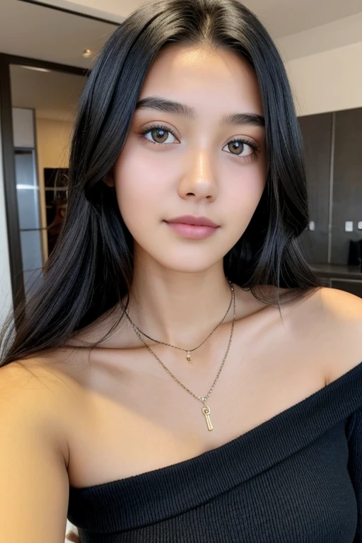 One Girl, 19 years old, alone, Long Hair, Huge , Show Viewer, Black Hair, Expose your shoulders, Brown eyes,  whole body, necklace, Off the shoulder, sweater, Realistic, 