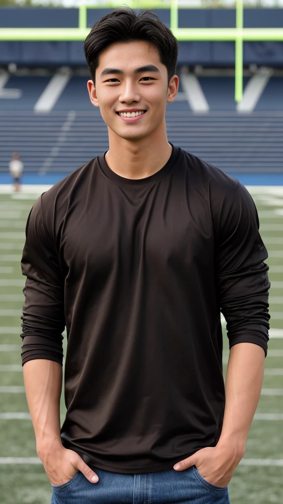 single: 1.5, (ที่TRUEแล้ว, Masterpiece, 8k HD, good light quality, sportswear, to fit the face, complicated details), A handsome Korean man with muscular arms.. , 20 years old, be happy, smile brightly, detailed face, delicate eyes, look at the sky, Wear a tight brown t-shirt.:1.6 ,Wear a denim coat.., Jeans era, black eyes, Black hair color, ผมsmooth, smooth,SurTRUE,Excellent details,Highest quality,TRUE,Open your mouth to talk.. , Close your eyes.., (standing in the football field:1.5)