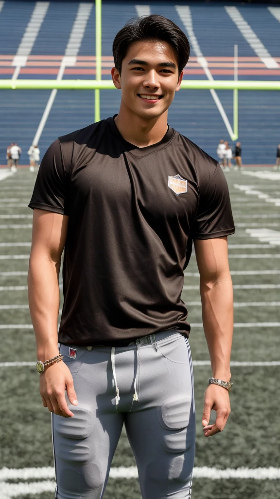 single: 1.5, (ที่TRUEแล้ว, Masterpiece, 8k HD, good light quality, sportswear, to fit the face, complicated details), A handsome Korean man with muscular arms.. , 20 years old, be happy, smile brightly, detailed face, delicate eyes, look at the sky, Wear a tight brown t-shirt.:1.6 ,Wear a denim coat.., Jeans era, black eyes, Black hair color, ผมsmooth, smooth,SurTRUE,Excellent details,Highest quality,TRUE,Open your mouth to talk.. , Close your eyes.., (standing in the football field:1.5)