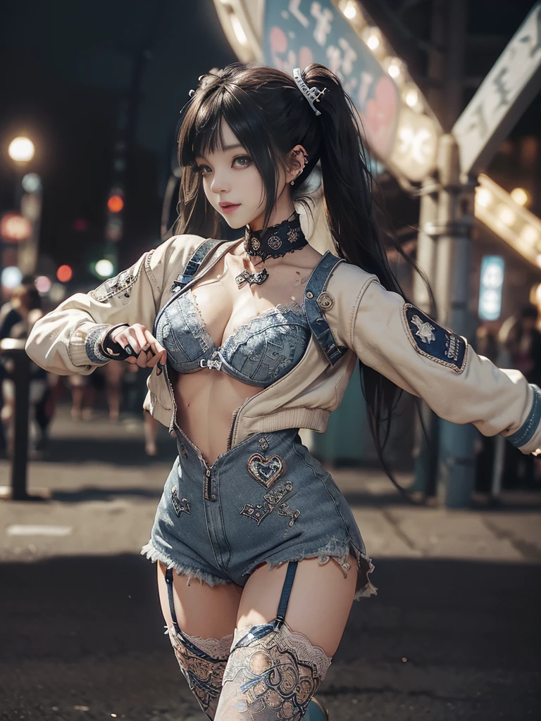 (Full Body View:1.2)、(Side view:1.1)、(Smiling with teeth showing:1.3),(Shibuya Gal:1.5)、(Beautiful:1.4)、(Neo-goth fashion:1.5)、(Punk RockVisual Kei:1.3)、(Futuristic bodysuit in white, beige and denim with embellishments:1.5)、(A delicate short jacket in denim, beige and navy:1.5)、(Denim garter belt:1.5)、(Tattered denim and a white micro mini skirt:1.3)、(Heart-shaped silver accessories:1.5)、(Brown Skin Belt:1.4)、(Blue High Heels:1.4)、(Lace patterned underwear:1.4)、20-year-old、NSFW,((Highest quality、In 8K、masterpiece:1.3))、Sharp focus:1.2、(Layered Cut、Huge boobs:1.1),Beautiful woman with perfect figure:1.4、(Doing an aerobics pose:1.3)、Slender Abs:1.2、Butt、Highly detailed face and skin texture、Detailed eyes、double eyelid,(Twin tails:1.3)、(Black brown hair:1.3)、Obscene、Gravure idol、(Luxurious amusement park at night:1.3)、(Make your legs thinner:1.4)、(Thin thighs:1.4)、(Slim Body:1.3)、(clavicle:1.1)