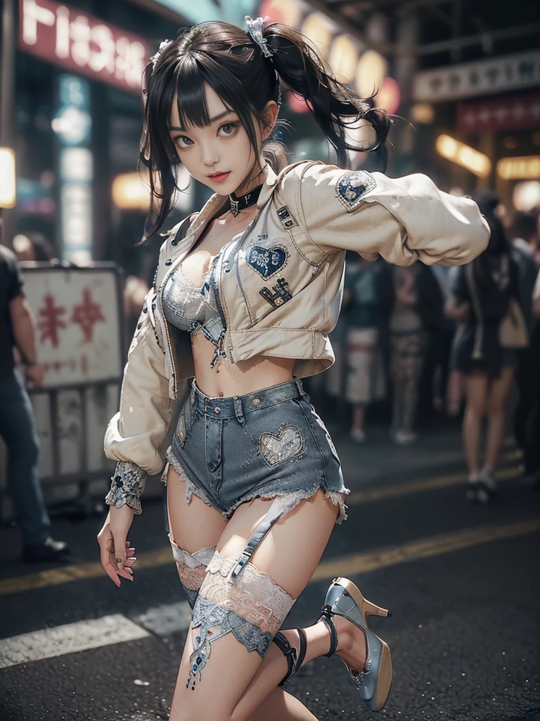 (Full Body View:1.2)、(Side view:1.1)、(Smiling with teeth showing:1.3),(Shibuya Gal:1.5)、(Beautiful:1.4)、(Neo-goth fashion:1.5)、(Punk RockVisual Kei:1.3)、(Futuristic bodysuit in white, beige and denim with embellishments:1.5)、(A delicate short jacket in denim, beige and navy:1.5)、(Denim garter belt:1.5)、(Tattered denim and a white micro mini skirt:1.3)、(Heart-shaped silver accessories:1.5)、(Brown Skin Belt:1.4)、(Blue High Heels:1.4)、(Lace patterned underwear:1.4)、20-year-old、NSFW,((Highest quality、In 8K、masterpiece:1.3))、Sharp focus:1.2、(Layered Cut、Huge boobs:1.1),Beautiful woman with perfect figure:1.4、(Doing an aerobics pose:1.3)、Slender Abs:1.2、Butt、Highly detailed face and skin texture、Detailed eyes、double eyelid,(Twin tails:1.3)、(Black brown hair:1.3)、Obscene、Gravure idol、(Luxurious amusement park at night:1.3)、(Make your legs thinner:1.4)、(Thin thighs:1.4)、(Slim Body:1.3)、(clavicle:1.1)