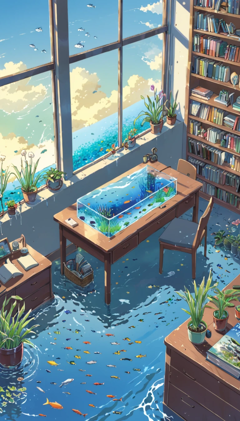 ((anime:1.4,illustration)),(masterpiece, top quality, best quality),(ultra-detailed, absolutely resolution),((16k, high res)). BREAK {lofi art, style of Laurie Greasley, style of Makoto Shinkai, anime aesthetic}, BREAK {A room with a bed, a desk and a bookshelf is filled with water like an aquarium, with colorful fish swimming, water plants growing, and a clear sky from the window}