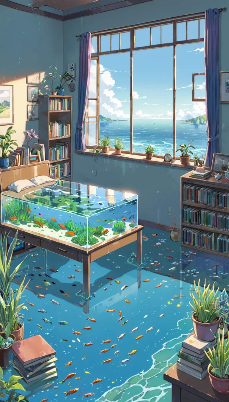 ((anime:1.4,illustration)),(masterpiece, top quality, best quality),(ultra-detailed, absolutely resolution),((16k, high res)). BREAK {lofi art, style of Laurie Greasley, style of Makoto Shinkai, anime aesthetic}, BREAK {A room with a bed, a desk and a bookshelf is filled with water like an aquarium, with colorful fish swimming, water plants growing, and a clear sky from the window}