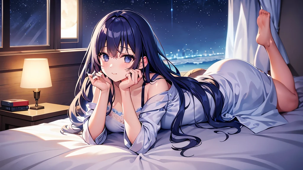 1girl,blue hair,sitting,night,room,bed,against wall,    <lora:night-r-000004:1>