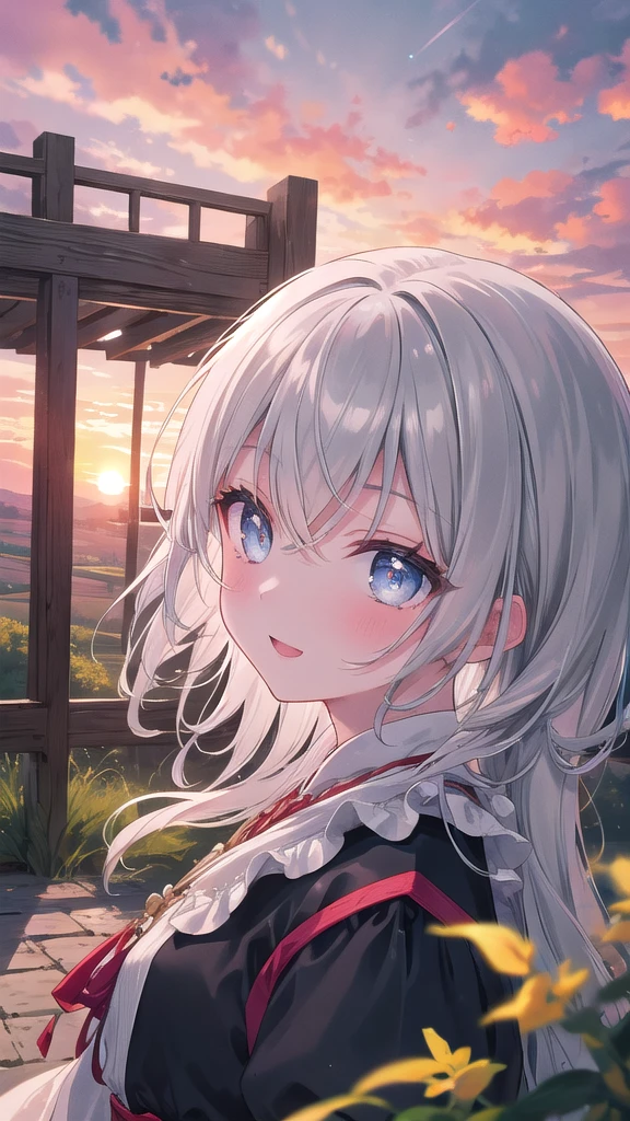 (8k, best quality, master piece: 1.2),super high resolution,1 girl, 独奏, colorshift eyes, hyperdetailed, expressive eyes, ultra-detailed face, Medieval peasant dress、Random hairstyle、silver gay hair, Quiet countryside, Ecstatic expression, sunset, Bright, Serene