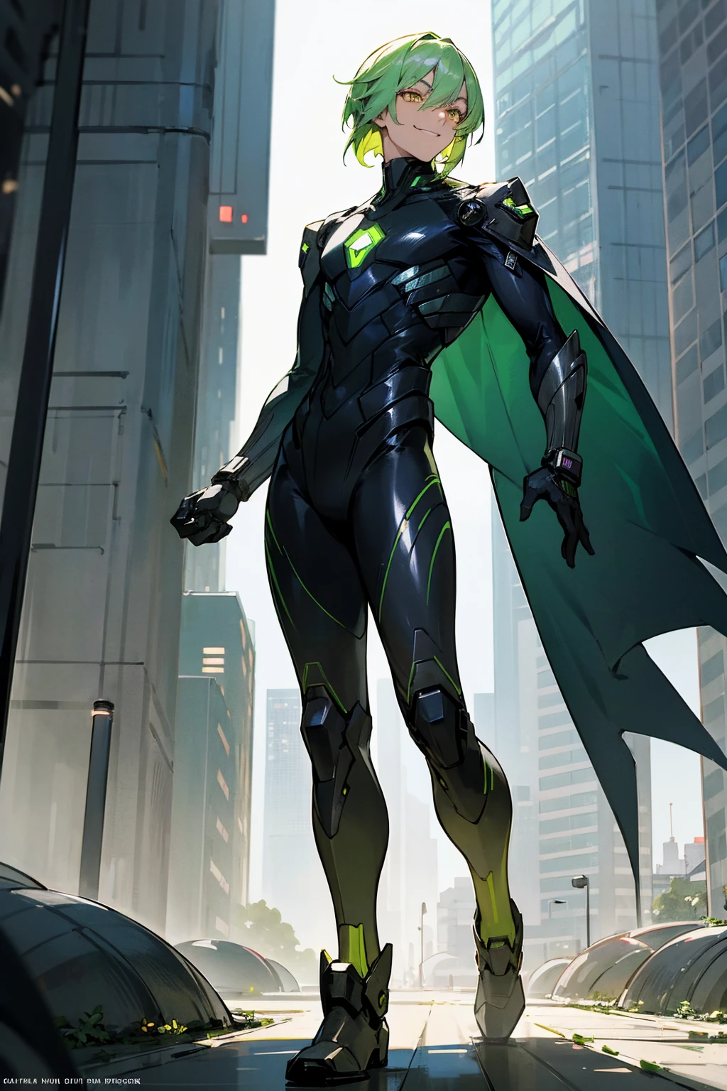 1male, light green hair, medium length hair, yellow eyes, grinning, black super suit, metallic suit, city background, detailed background, detailed face, standing, walking on path, hands to side