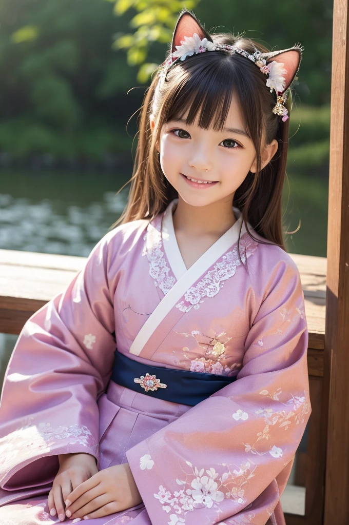 (masterpiece, Highest quality, detailed:1.3),(photograph:1.3), HD transparent background, Attention to detail,cute,一人のgirl, cute表情, smile,、Sparkling eyes,The audience watching,(small),smile, Perfect Face,日本のgirl,10 years old,girl,cute,Lace frills,Cat ear,Japan costumes,Kimono,Sitting,mini