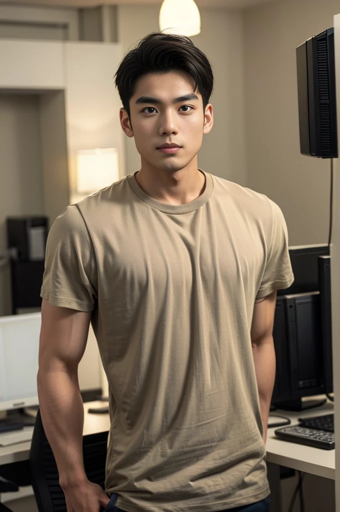 A handsome, muscular young Asian man looks at the camera. In a simple gray polo shirt , By the restaurant, mouth open and smiling
