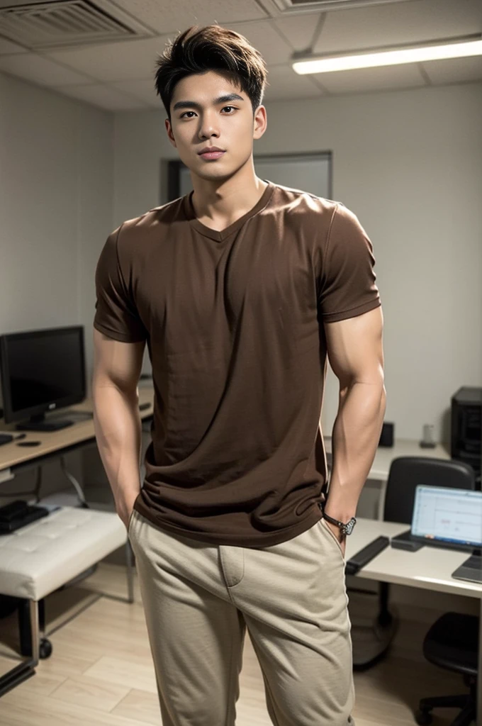 A young Asian man stands, handsome, muscular, looking at the camera. In a plain brown t-shirt, In the computer room