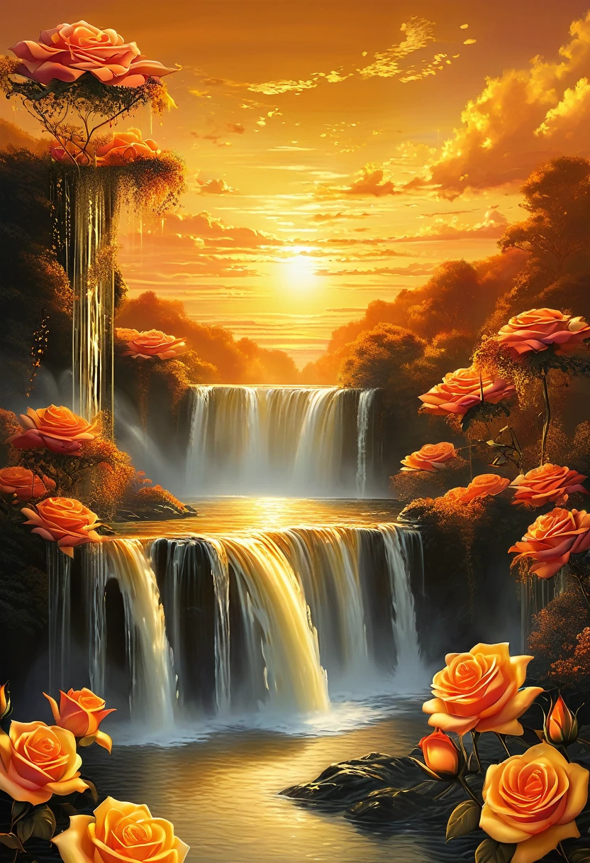 ((gold-color theme)), ((sunset, gold-color sky)), surrealism, majestic roses rises into the sky, and cascading ((waterfalls with orange-color water))