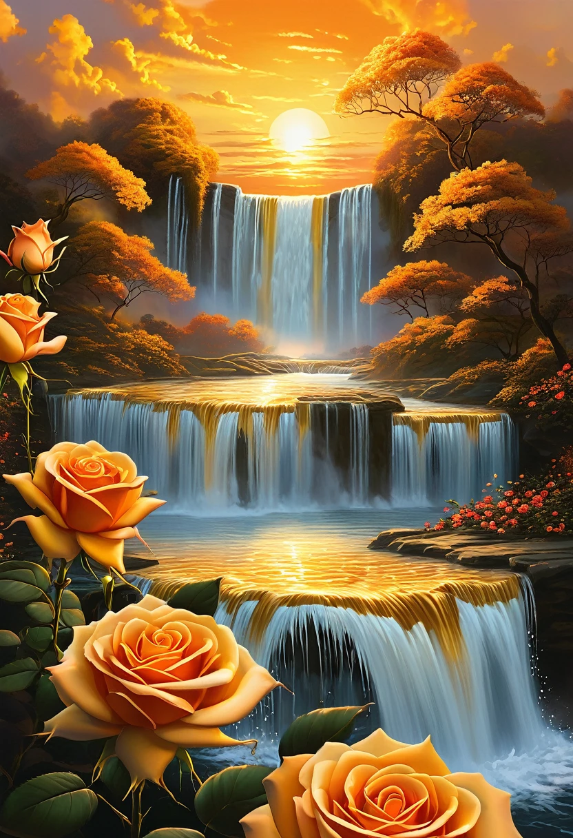 ((gold-color theme)), ((sunset, gold-color sky)), surrealism, majestic roses rises into the sky, and cascading ((waterfalls with orange-color water))
