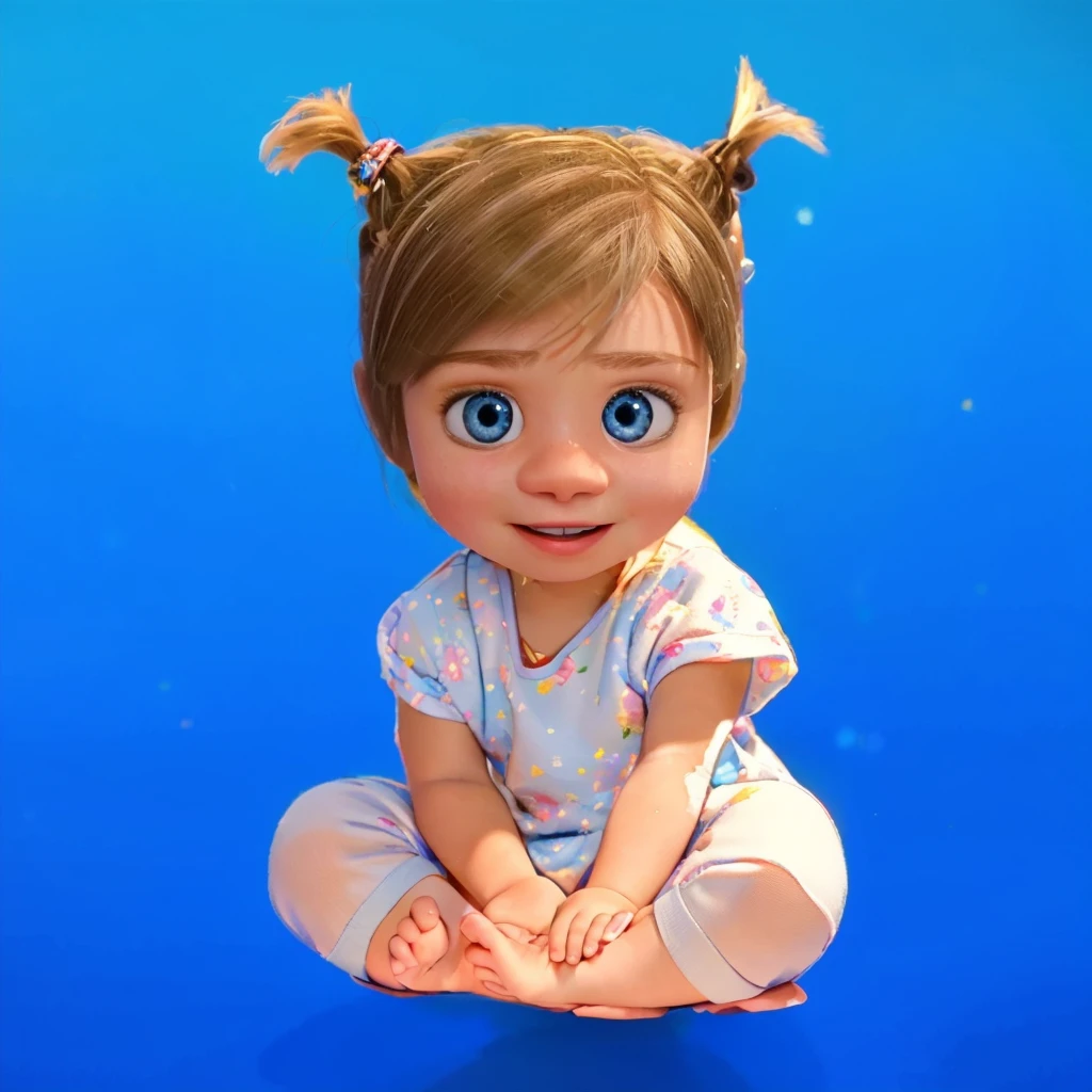 This image features a depiction of Riley Andersen, the young protagonist from the animated movie "Inside Out." The ddler version of Riley here captures her youthful innocence and playful spirit, characterized by her large blue eyes and blonde hair styled in whimsical pigtails. Dressed in a soft blue onesie adorned with stars, Riley exudes curiosity and joy, reflecting her character's bright and lively personality from the film. The vibrant blue background highlights her cheerful disposition and imaginative nature. vibrant contrast to his attire and accessories.аffects render, (glossy plastic texture with multiple big light probe refractions), perfect cgi, smooth silhouette, high intensity refraction, (super glossy plastic material), most beautiful vfx, , realistic, 4k, high resolution, rim light, smooth 3d model, multiple light sources, rim light, sharp post effects render,, realistic, 4k, high resolution, rim light detailed digital art, reflective, best quality, 4k, masterpiece:1.2, ultra-detailed, realistic, vivid colors, The image of the highest quality, ensuring every detail showcased perfectly. It in 4k resolution, allowing viewers to immerse themselves in the richness of the colors and intricate details. The realistic rendering. under the spotlight, reflecting, high-resolution image, realistic rendering