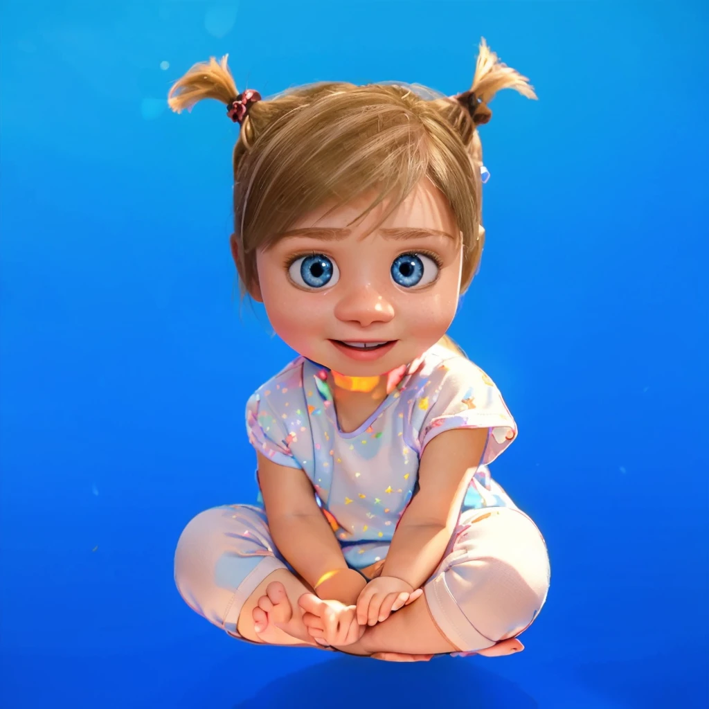 This image features a depiction of Riley Andersen, the young protagonist from the animated movie "Inside Out." The ddler version of Riley here captures her youthful innocence and playful spirit, characterized by her large blue eyes and blonde hair styled in whimsical pigtails. Dressed in a soft blue onesie adorned with stars, Riley exudes curiosity and joy, reflecting her character's bright and lively personality from the film. The vibrant blue background highlights her cheerful disposition and imaginative nature. vibrant contrast to his attire and accessories.аffects render, (glossy plastic texture with multiple big light probe refractions), perfect cgi, smooth silhouette, high intensity refraction, (super glossy plastic material), most beautiful vfx, , realistic, 4k, high resolution, rim light, smooth 3d model, multiple light sources, rim light, sharp post effects render,, realistic, 4k, high resolution, rim light detailed digital art, reflective, best quality, 4k, masterpiece:1.2, ultra-detailed, realistic, vivid colors, The image of the highest quality, ensuring every detail showcased perfectly. It in 4k resolution, allowing viewers to immerse themselves in the richness of the colors and intricate details. The realistic rendering. under the spotlight, reflecting, high-resolution image, realistic rendering