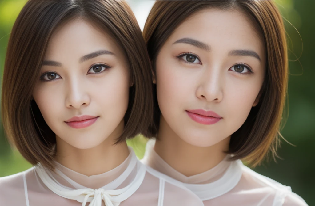 (RAW photo), (Photoreal), (masterpiece), (highest quality), High resolution, 8K, (intricate details), (light with volume), portrait, woman, 40 years old, short hair, straight hair , layered hair, brown hair, very fine eyes, Source Order, very thin eyebrows, Very fine skin, Very fine mouth, Very fine nose, cute like an idol, smile, (thick lips), (looking at the viewer), (elegant sheer collar blouse),Showa photo gallery，taking a portrait