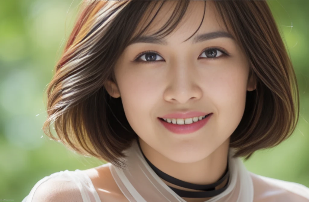 (RAW photo), (Photoreal), (masterpiece), (highest quality), High resolution, 8K, (intricate details), (light with volume), portrait, woman, 40 years old, short hair, straight hair , layered hair, brown hair, very fine eyes, Source Order, very thin eyebrows, Very fine skin, Very fine mouth, Very fine nose, cute like an idol, smile, (thick lips), (looking at the viewer), (elegant sheer collar blouse),Showa photo gallery，taking a portrait