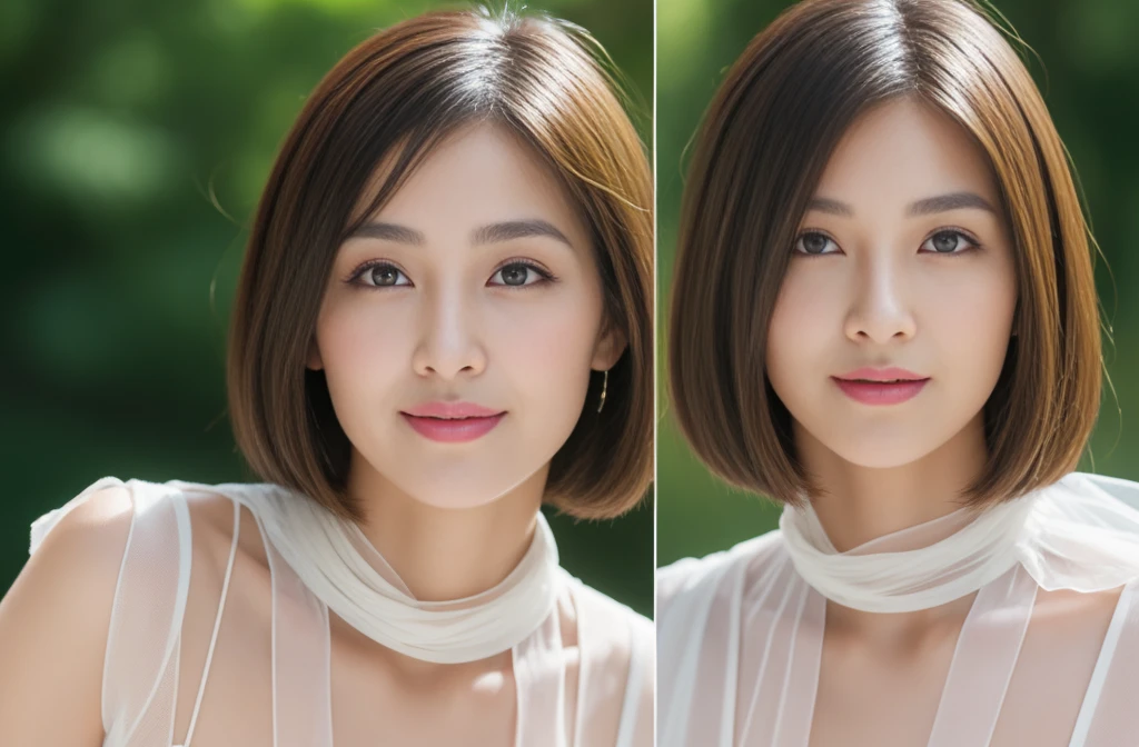 (RAW photo), (Photoreal), (masterpiece), (highest quality), High resolution, 8K, (intricate details), (light with volume), portrait, woman, 40 years old, short hair, straight hair , layered hair, brown hair, very fine eyes, Source Order, very thin eyebrows, Very fine skin, Very fine mouth, Very fine nose, cute like an idol, smile, (thick lips), (looking at the viewer), (elegant sheer collar blouse),Showa photo gallery,taking a portrait