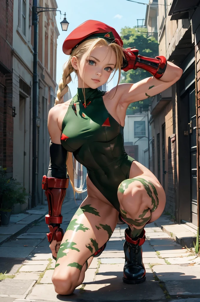 masterpiece, 4K, expensively detailed, Cammy de Street fighter, Looking into the camera, Blue eyes, Platinum blonde hair in long pigtails、Short bangs that reach the forehead。, Titis is cute, Cammy, ((scar on his left cheek)), Beautiful woman dressed as a soldier ((Green thong class leotard with a delta red triangle on the left breast)), ((Military Tactical Strela)), (((He is wearing a red military beret on his head...))), Black combat boots and red gauntlets, (His legs are sparsely painted with green camouflage....), Clear Bust, Smile at the audience, For more information, (Every pixel counts、Draw the most beautiful and detailed art possible:1.1), Analog Style, Bright colors, Symmetric, in the center, close, woman, Physical ability, fit, Tight waist, expensive, Sunburned skin, [(Colorful explosion psychedelic paint colors:1.1)::0.125], Realist body proportions, Realist, photo-Realist, 8k, expensively detailed, LED Light, Laser light,fruit flavored, (Pit Baby:0.5), Shiny,Anatomically correct body, Anatomically correct limbs