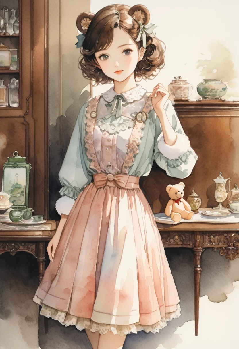 ((antique:1.5)),((With a fluffy teddy bear:1.5)),Beautiful and cute woman,1 Female,Solo,Sharp features,Sophisticated,((Watercolor:1.5)),whole body,超High resolution,((Attention to detail)),high quality,High resolution,最high quality,(vintage:1.4),(Cute pose:1.3),Dull color,So adorable,model like,Fluffy atmosphere,Accurate human body,((antiqueな服:1.5)),