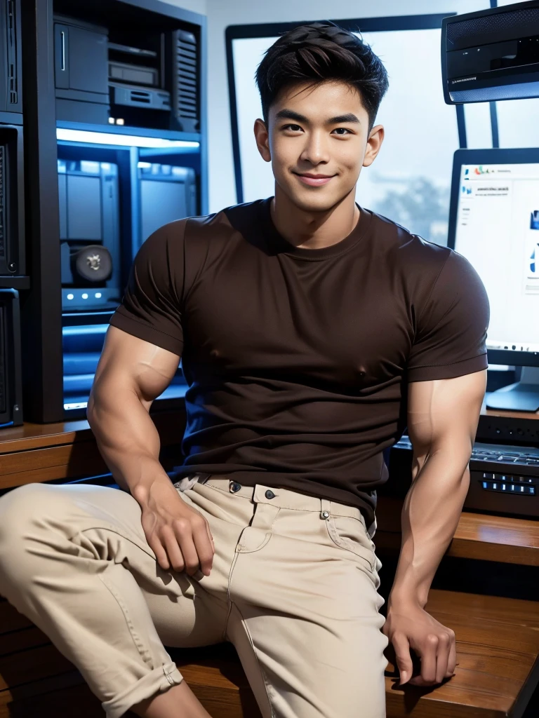 man , Brown t-shirt, jeans, black short hair , outdoor , cute smile , หน้าhandsomeแบบเกาหลีสมจริง , modest muscles , Masterpiece、High resolution、Surreal、detailed face、alone、man、Glowing skin、(Asia)、handsome、(Sitting in the computer room:1.5)
