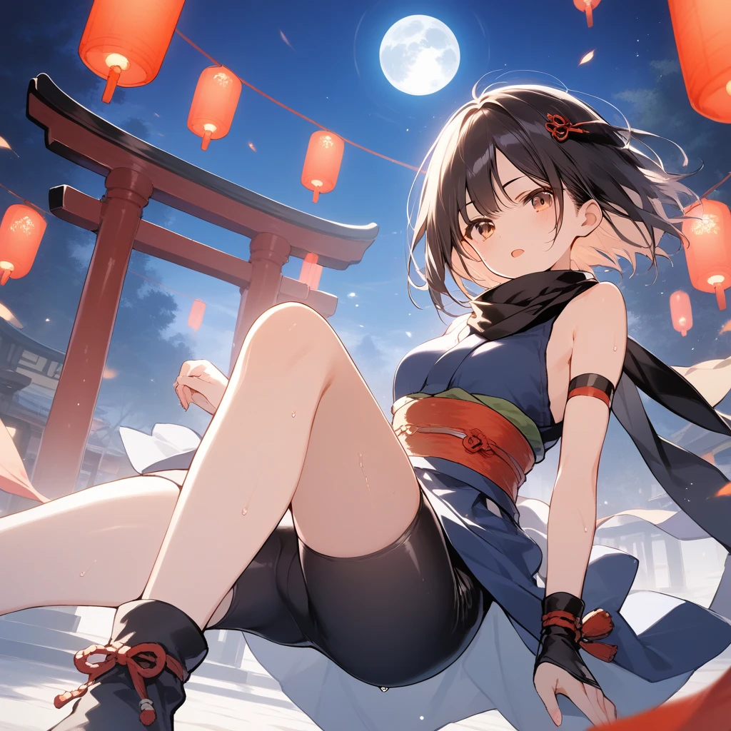 score_9, score_8_up, score_7_up, source_anime, best quality, masterpiece, official art, absurdres, highres, ultra-detailed,waifu2x,Collection: Slice of Life,break,1girl, ninja, short hair, breasts, beautiful detailed eyes, bike shorts, scarf, sweat, open mouth, expressionless, ninja stance, kunai, outdoors, torii, night, moon, wind,break,(clear line illustration:1.2), super detailed skin,very high resolution, very aesthetic, Best sexual lighting powered by famous artist, 8k,cute picture,beauty illustration,photoshop_(medium),,(Detailed Lighting),best anime 8k konachan wallpaper, pixiv contest winner,