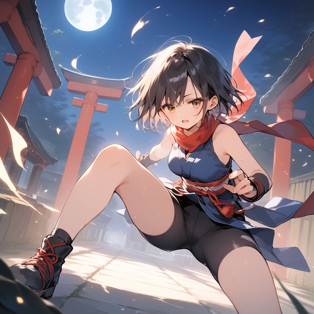 score_9, score_8_up, score_7_up, source_anime, best quality, masterpiece, official art, absurdres, highres, ultra-detailed,waifu2x,Collection: Slice of Life,break,1girl, ninja, short hair, breasts, beautiful detailed eyes, bike shorts, scarf, sweat, open mouth, expressionless, ninja stance, kunai, outdoors, torii, night, moon, wind,break,(clear line illustration:1.2), super detailed skin,very high resolution, very aesthetic, Best sexual lighting powered by famous artist, 8k,cute picture,beauty illustration,photoshop_(medium),,(Detailed Lighting),best anime 8k konachan wallpaper, pixiv contest winner,