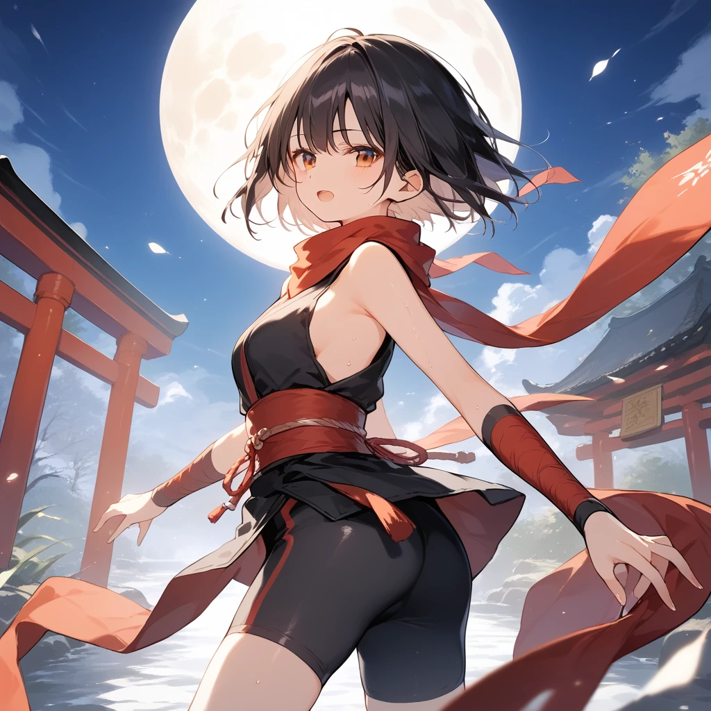 score_9, score_8_up, score_7_up, source_anime, best quality, masterpiece, official art, absurdres, highres, ultra-detailed,waifu2x,Collection: Slice of Life,break,1girl, ninja, short hair, breasts, beautiful detailed eyes, bike shorts, scarf, sweat, open mouth, expressionless, ninja stance, kunai, outdoors, torii, night, moon, wind,break,(clear line illustration:1.2), super detailed skin,very high resolution, very aesthetic, Best sexual lighting powered by famous artist, 8k,cute picture,beauty illustration,photoshop_(medium),,(Detailed Lighting),best anime 8k konachan wallpaper, pixiv contest winner,