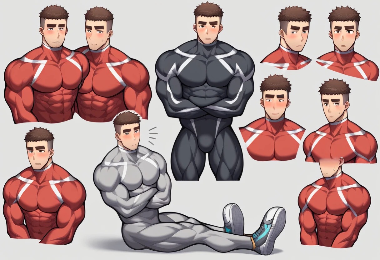 Priapus, Muscle Sports Student, Manliness, male focus, Compression bodysuit, Red black high collar long sleeve tight diving suit, Very tight, Regular symmetrical pattern, full and perky chest muscles, muscular male, Strong leg, muscles, tall, Big feet wearing sneakers, In a dirty bedroom, Sitting on a dirty soft sofa, muscular, only, Upper body, alone, Red short hair, Thick eyebrows, stubble, Brown-red pupils, White background, simple background, amazing quality, best aesthetics, Ridiculous, crew cut, parted lips, flustered, endured face, shy, blush, negative space, negative space, best quality